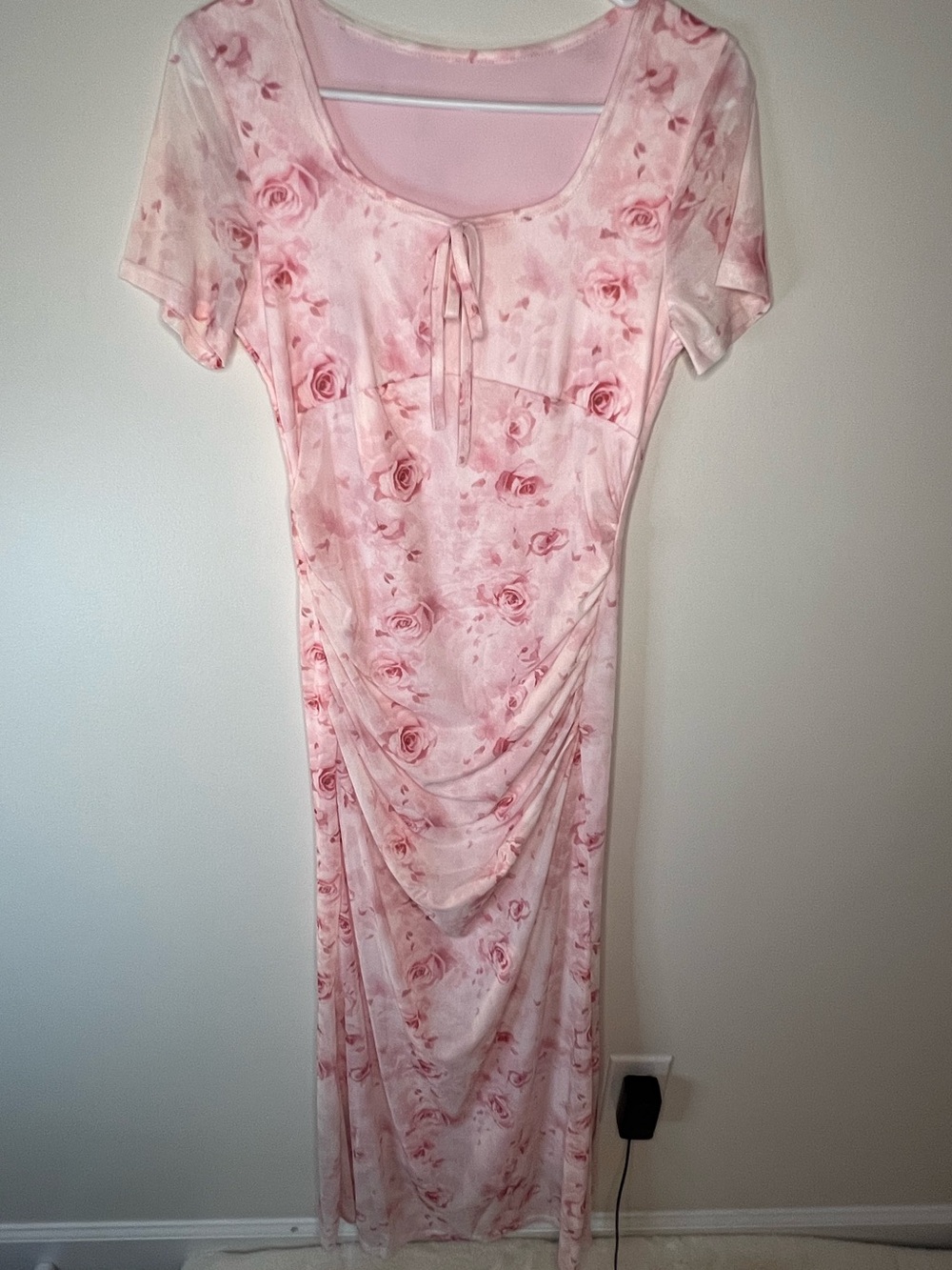 Women's Pink Floral Maxi Dress with Front Tie